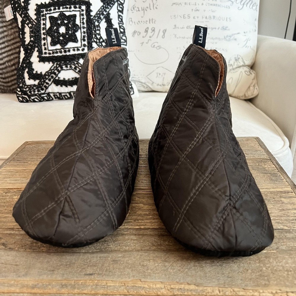 L.L. Bean Slippers Mens Size 9.5 Brown Quilted Nylon Bootie House Shoes Cozy - Picture 4 of 8